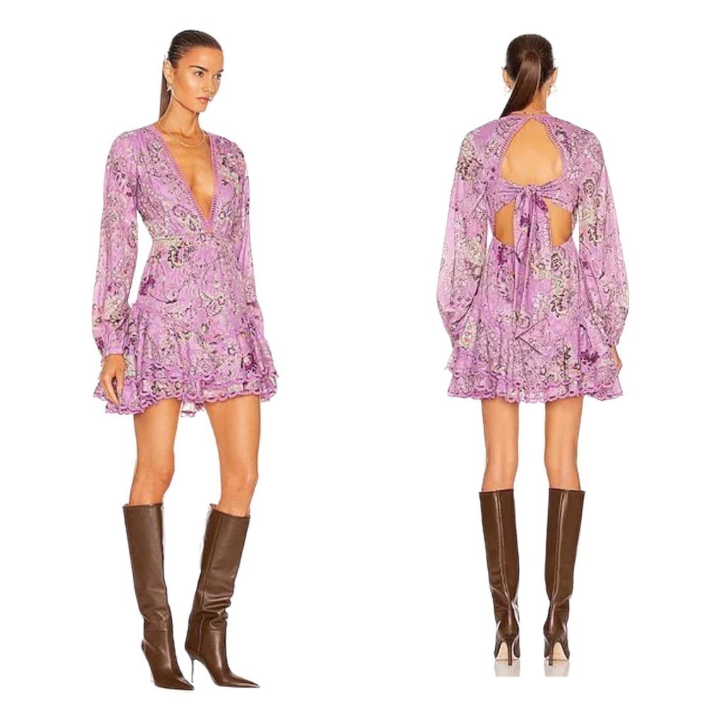 Hemant & Nandita Floral Mavi Mini Dress Lilac V Neck Orchid Women's Size L NWT
